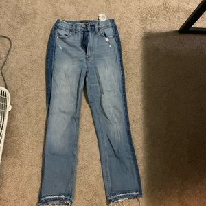 ABERCROMBIE DISTRESSED STRAIGHT LEG HIGH RISE JEANS